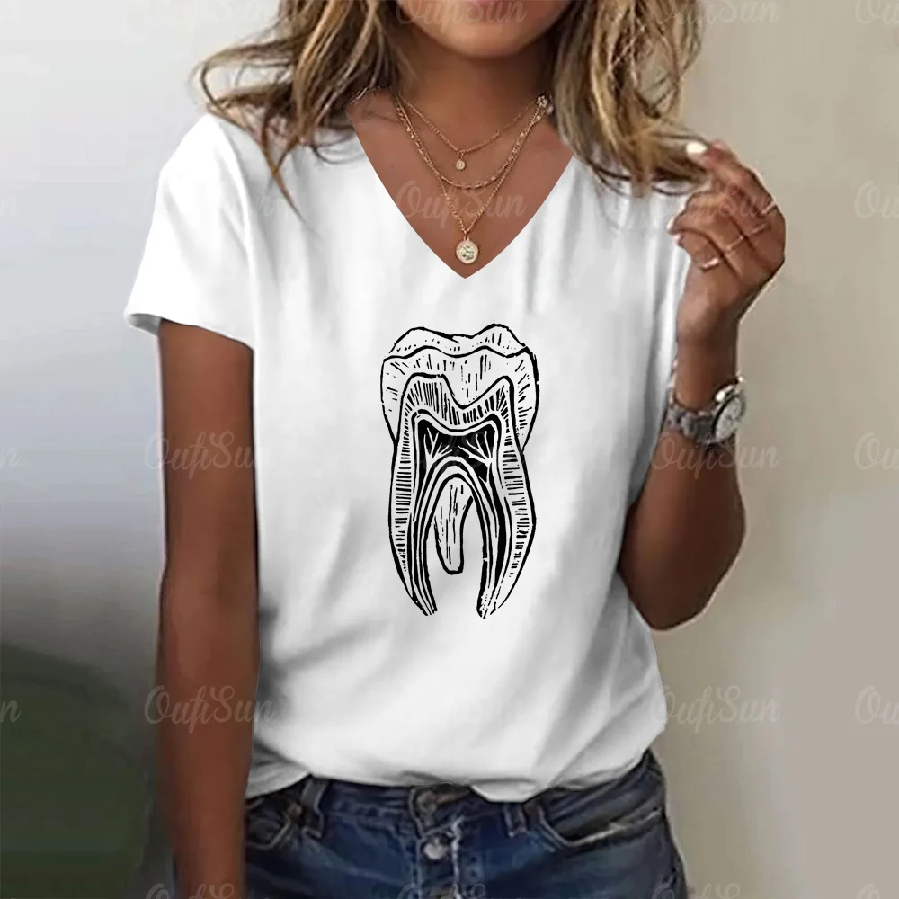 Tooth And Dentist Graphic Aesthetic Women Funny Print Ladies T-Shirt Girl Y2k Harajuku Basis V-Neck White Shirt Short Tops