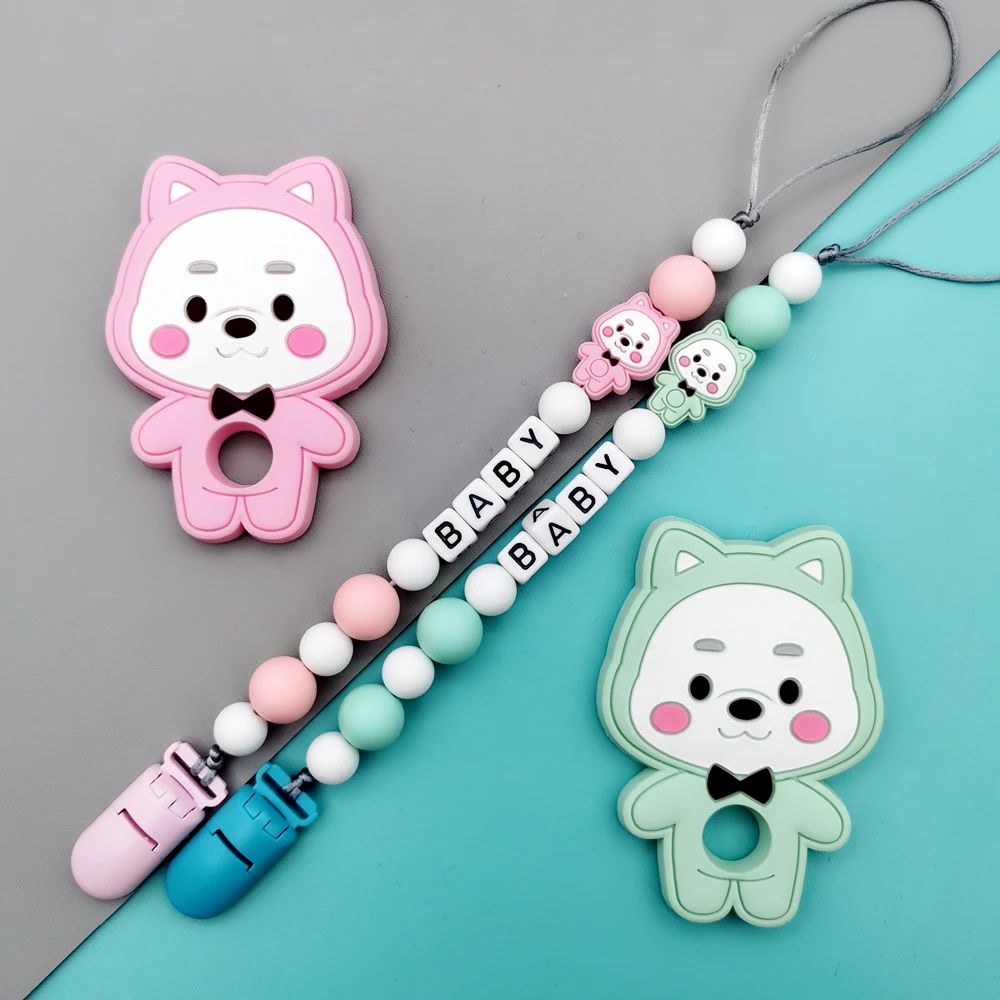 Kustom Inggris huruf Rusia nama bayi silikon anak-anak dot klip rantai Teether liontin bayi dot Kawaii hadiah Teether