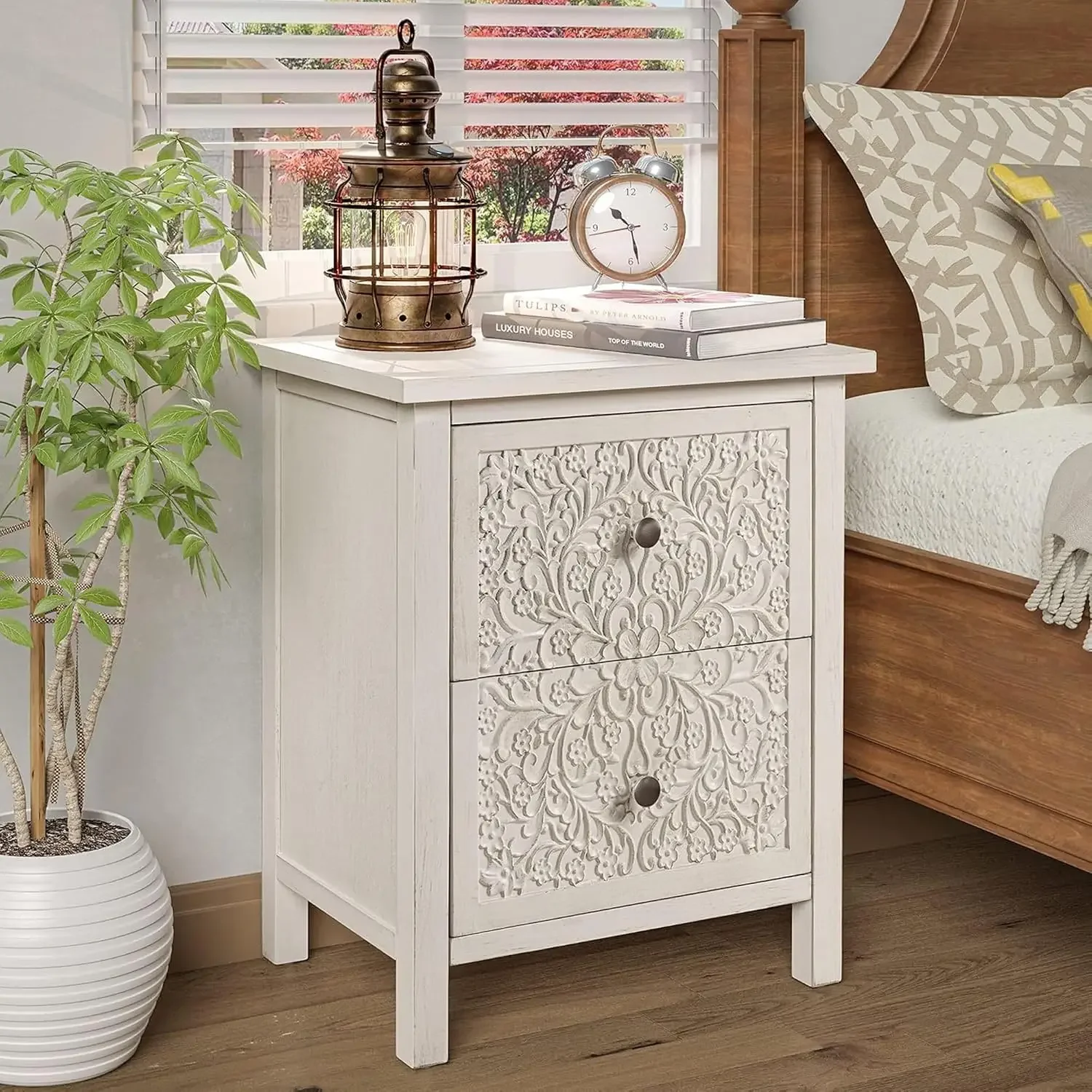 Carved Floral Nightstand White Washed Distressed Farmhouse Bedroom Furniture Small Spaces Bronze Knobs Pre Assembled