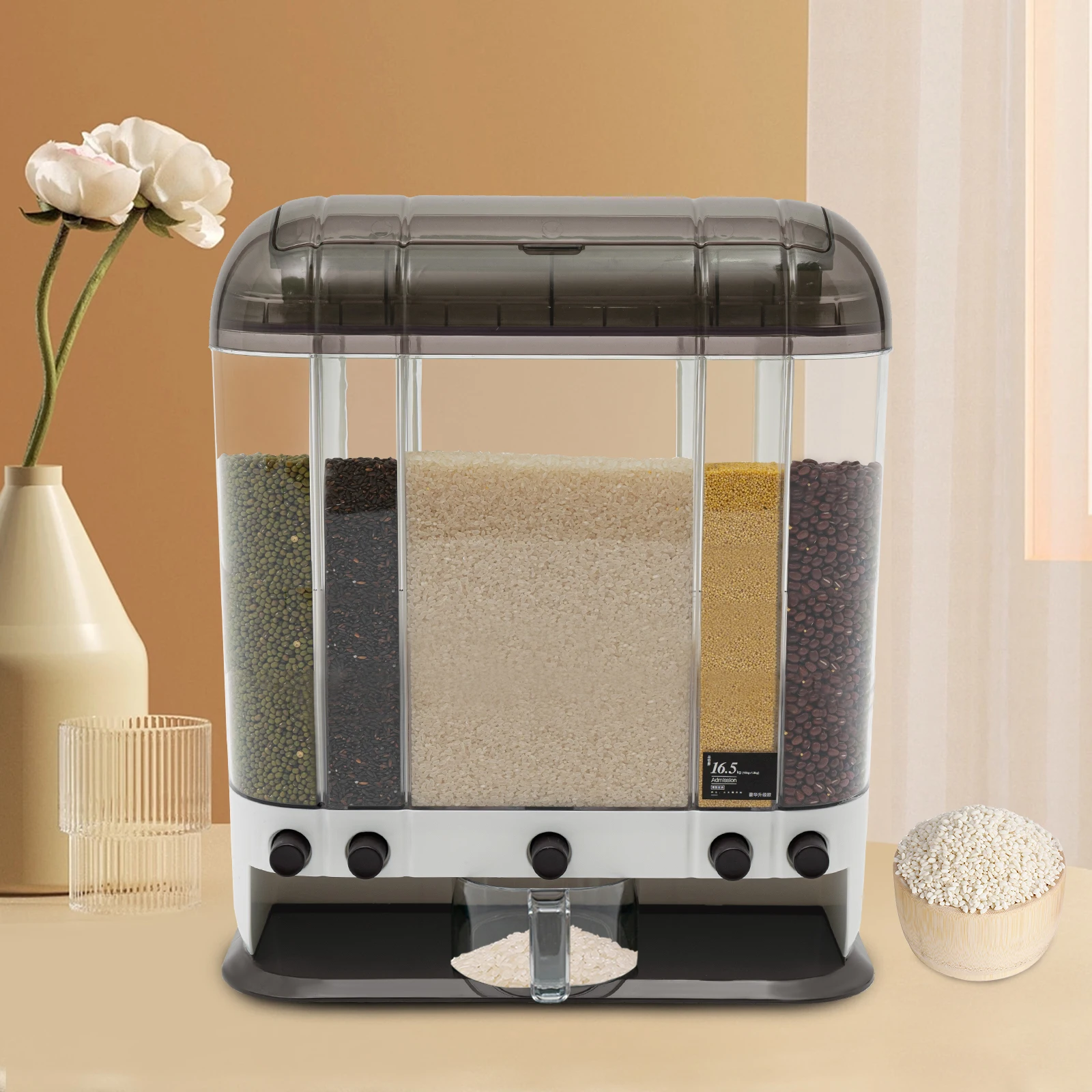 

Brown Rice Dispenser 5 Grids Removable Dry Food Dispenser Dispenser With Measuring Cup