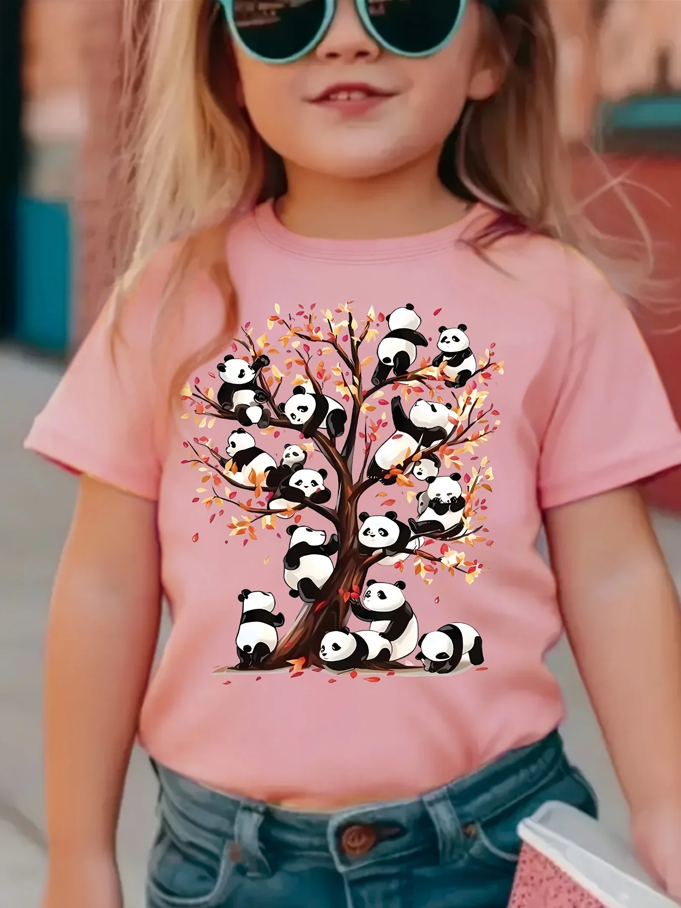 Children's Summer Outfit, Cute Panda Climbing Tree Pattern Printed T-shirt Suitable for Outdoor Activities Parent-child Clothing