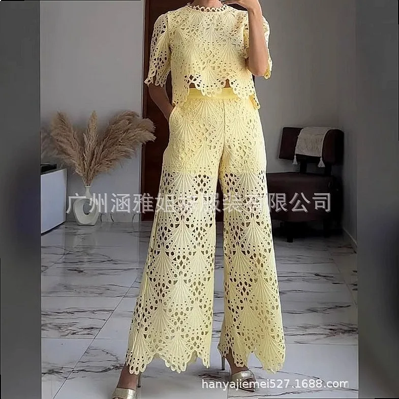 White Lace Two Piece Set Women Matching Set Hollow Out Ruffle Spring Summer Vacation French Style Elegant Outfits