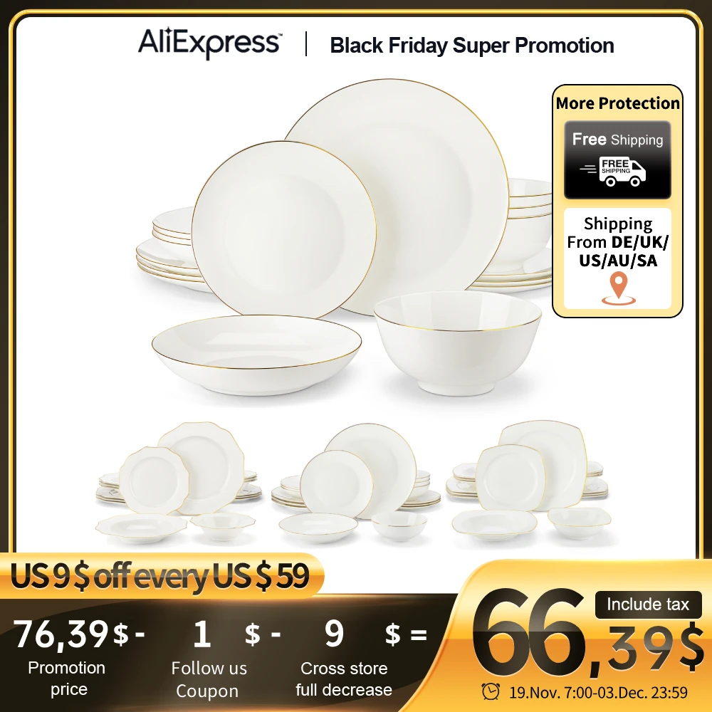 

MALACASA 16/32-PCS Nordic European Golden Rim White Bone China Tableware Set with Bowl,Dinner&Dessert&Soup Plate Set for 4