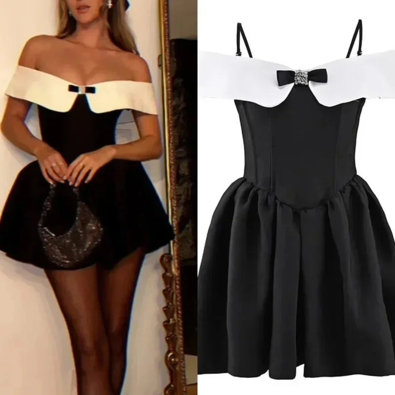 

Bow Elegant Dresses Evening Dress Contrasting Off Shoulder Women Splicing Lapel Backless Pleated Gowns Vestidos A-line Dress