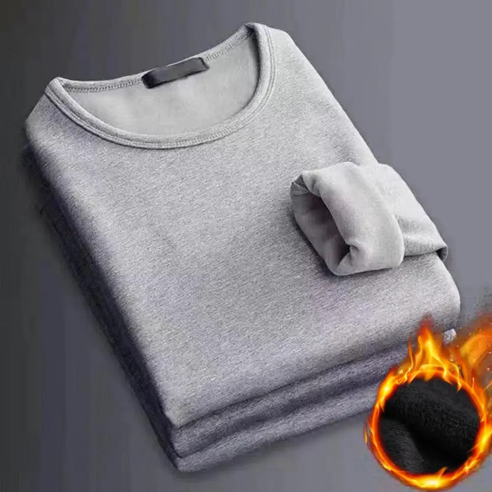 Ropa interior térmica para hombre, Tops de manga larga con cuello redondo, forro polar de Color sólido, ropa interior térmica de fondo