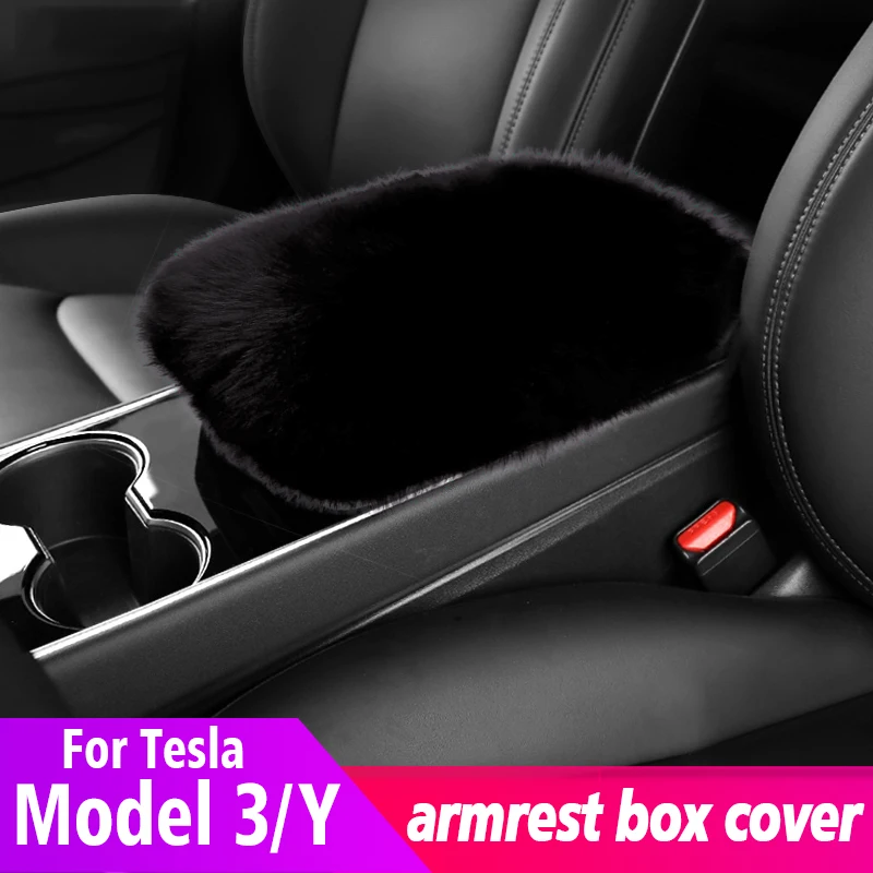 

New Car Armrest Cover for 2022 Tesla Model 3/Y Universal Artificial Long Wool Plush Auto Center Console Box Covers Protector Pad