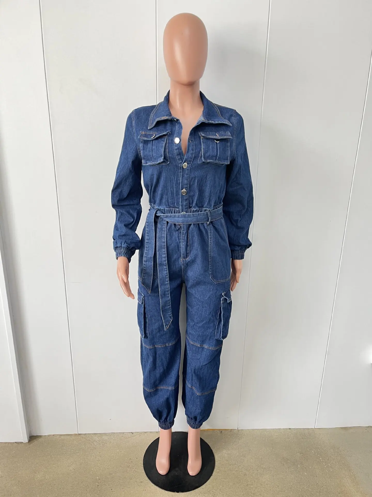 Women Jumpsuit Autumn Winter Fashion Slim Tight Waist Elastic Denim Overalls Romper Lady Casual Pocket Belt Cargo Jeans Jumpsuit