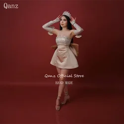 Qanz Short Champagne Crystal Cocktail Dresses Back Bow Beadings Sequined Birthday Photo Shoot Mini Graduation Dress Customized