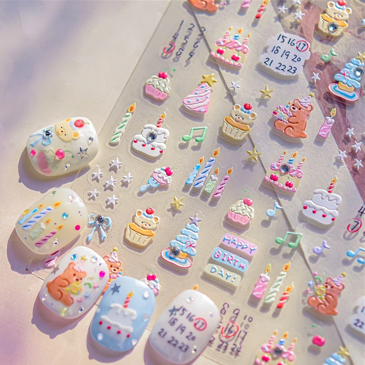 

Happy Birthday Calendar Bear Cherry Cake Candle Bowknot Star Music Dim Sum Dessert Nail Art Decoration Stickers Manicure Decals