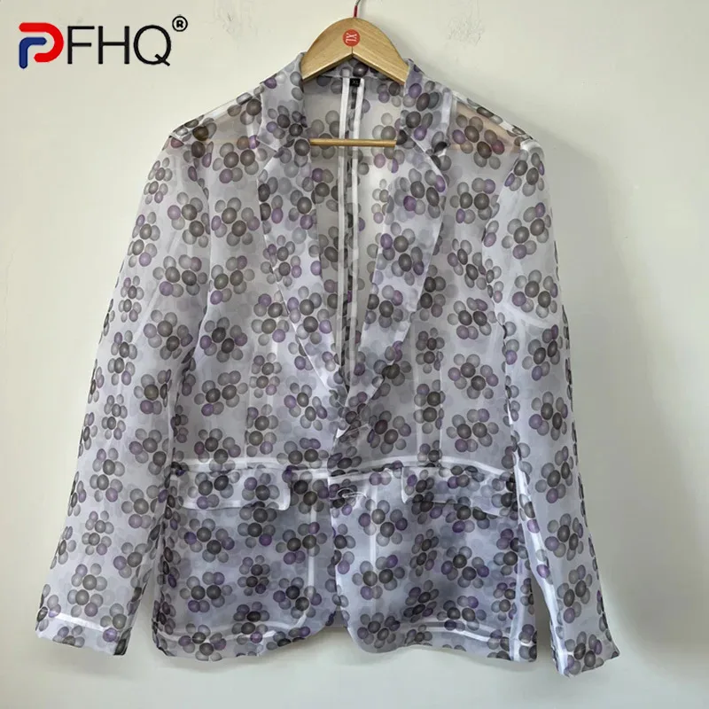 

PFHQ Men's Creativity Polka Dot Print Blazers Summer Thin Perspective Organza Advanced Art Male Luxury Suit Jackets New 21Z4704