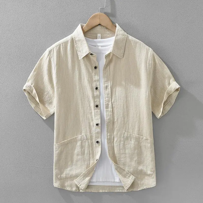 

Men's Short Sleeve Shirt Loose Fit Daily Wear Linen Fabric No Brand Registered Trademark Iron Free Process Japanese Style