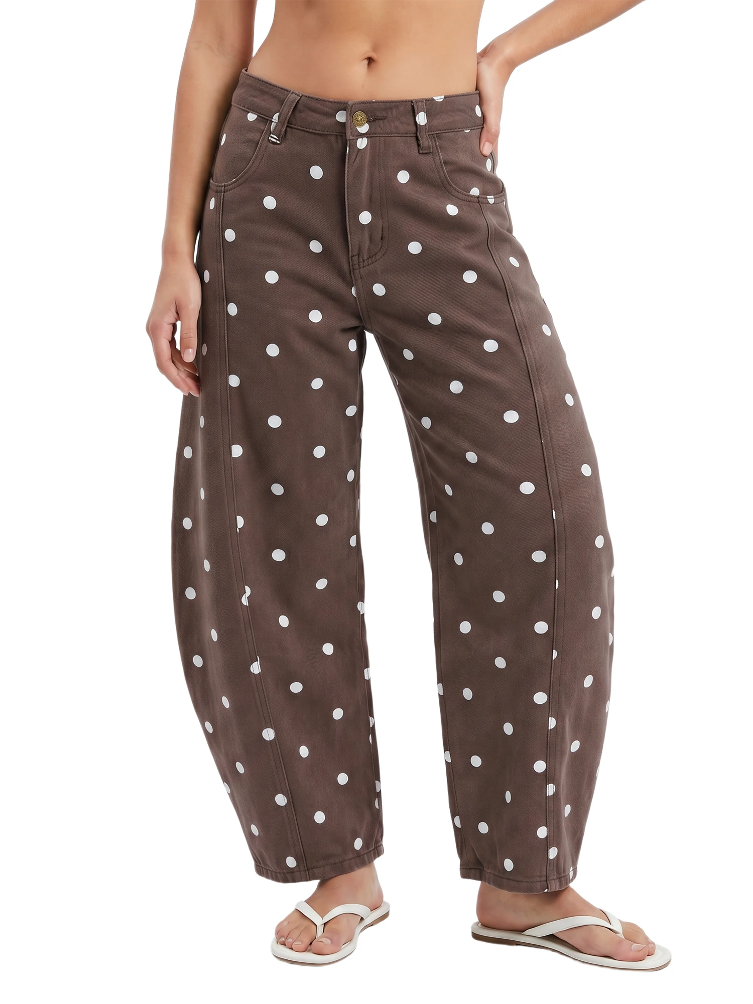 Women s Wide Leg Jeans Dot Print Loose Fit Denim Pants with Pockets