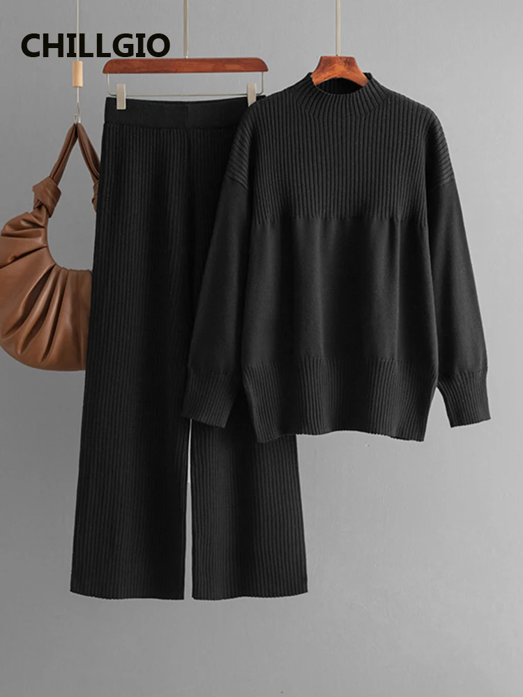 CHILLGIO Women\'s Autumn Suit Long Sleeve Pullovers Warm Knit Set Korea Loose Knitwears Pants Casual Sweaters Winter 2 Peice Set