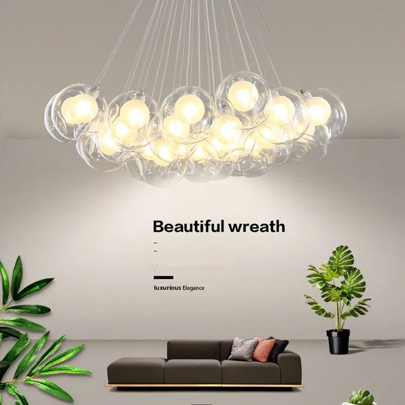 Nordic Modern Glass Ball Bubble Chandelier for Living Room Kids Bedroom Dining Table Clothing Store Lustre Pendant Light Fixture