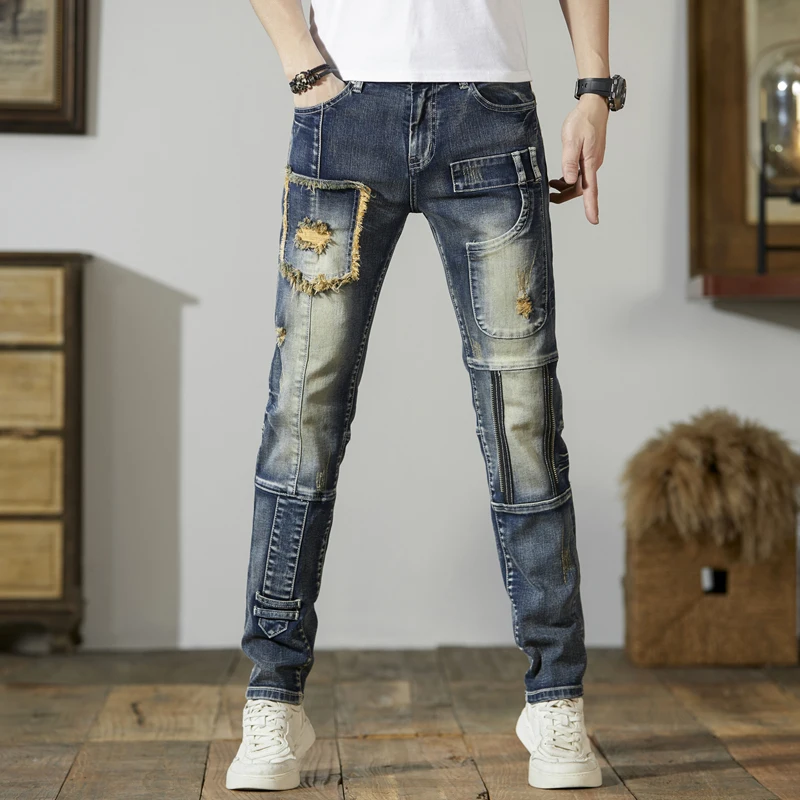 

High Street Hip Hop Splicing Hole Breaking Men's Jeans Fashion Street Photography Distressed Denim Trousers Men