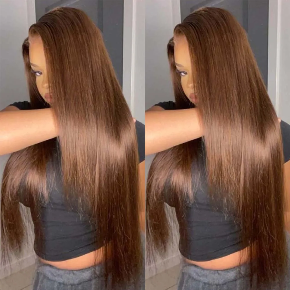 Geeta 13X6 Chocolate Brown Lace Front Wig 200% Pre Plucked Pre Plucked Pre Bleached Bone Straight Human Hair Wigs For Women