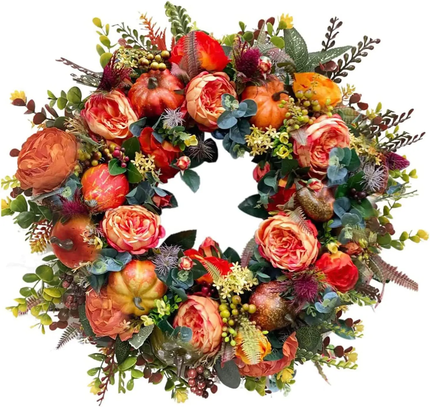 Fall Wreath, 16 inch Peony and Pumpkin Wreath for Front Door Outside Ideal for Autumn & Halloween & Thanksgiving Day