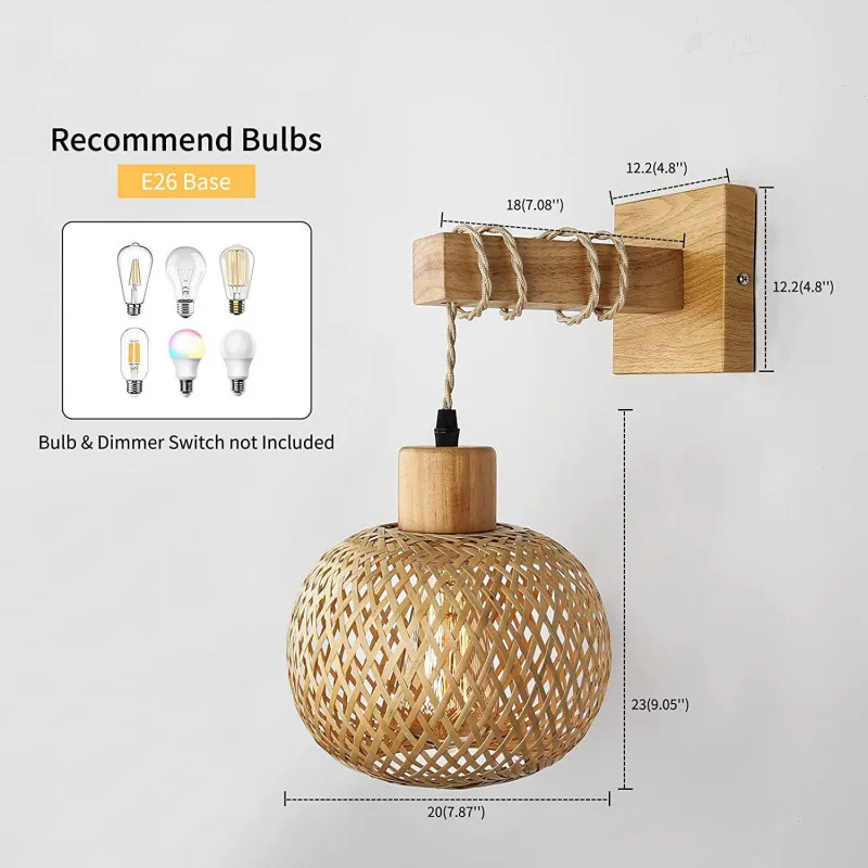 Retro Japanese Hand Woven Bamboo Rattan Wall Sconce Farmhouse Rustic Bedside Wall Lamp Indoor Background Lighting Fixture For Be