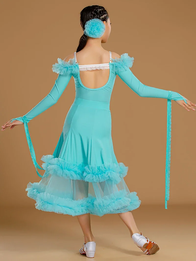 Kids Girls Waltz Tango Ballroom Dance Professional Training Dresses Bodysuit and Mesh Ruffles Skirts Modern Dancing Costumes
