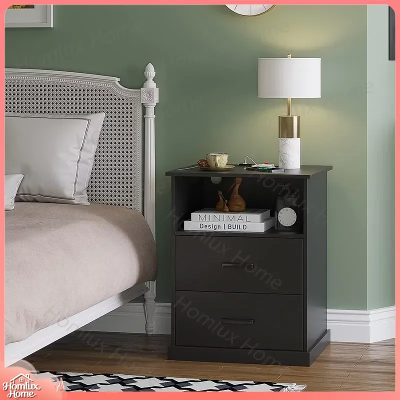 Modern Wooden Bedside Table with USB Charging Station 2 Drawers Nightstand for Bedroom Living Room Hotel Home Storage