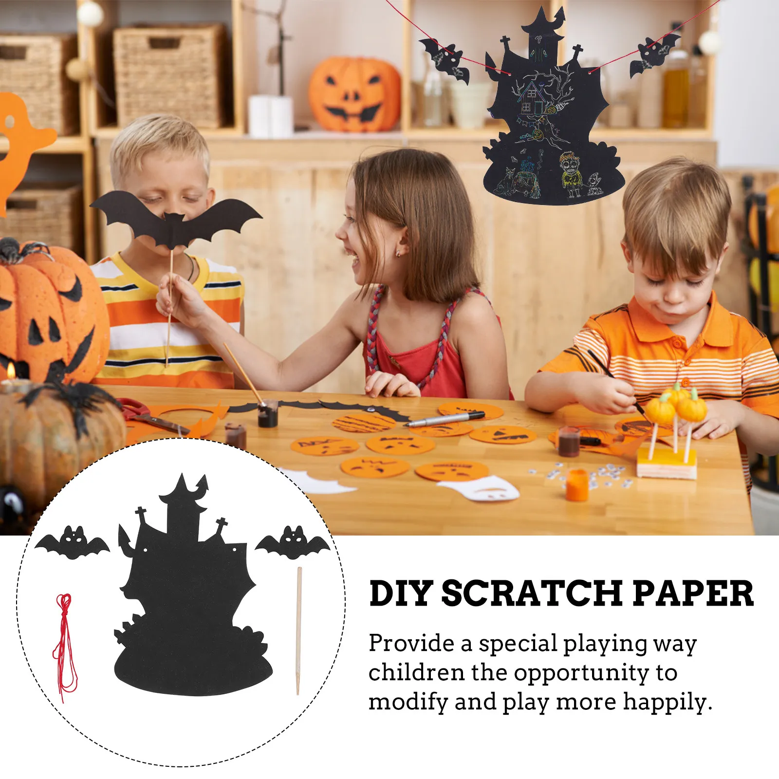 4Sets DIY Scratch Paper Halloween Castle Theme Kids Craft Sheets Reveal Colorful Art Through Scraping Party Decoration School