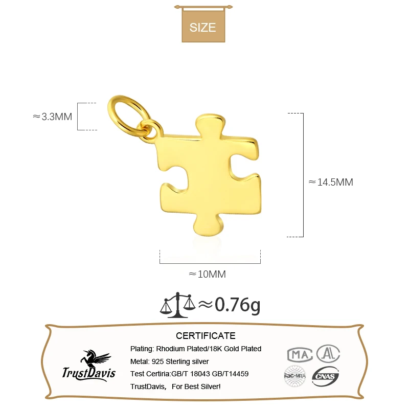 TrustDavis Real 925 Sterling Silver Fashion Creative Puzzle Charm Pendant Handmade DIY Accessories Fine Jewelry Wholesale HY429