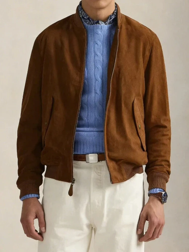 

Итальянская замшевая куртка мужская свободного кроя, весенняя, класса люкс, с воротником, устойчивая к сминанию, износостойкая, модная, в городском стиле