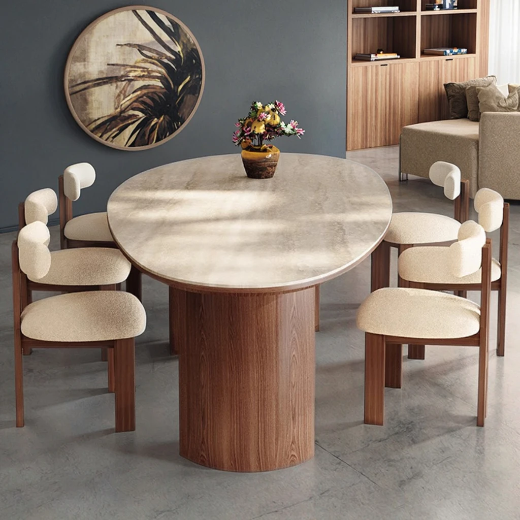 

French Style Dining Table Set Marble with Chairs Set Modern Design Solid Black Walnut Wood Stone Drop-Shaped Rock Plate