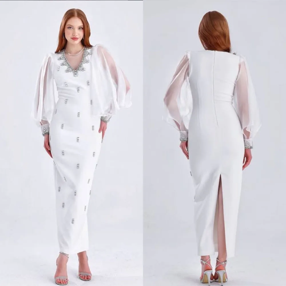 

High Quality Customized Ankle Length Beaded High Fork Full Sleeves White Straight Elegant Dress Women for Wedding Party فساتين
