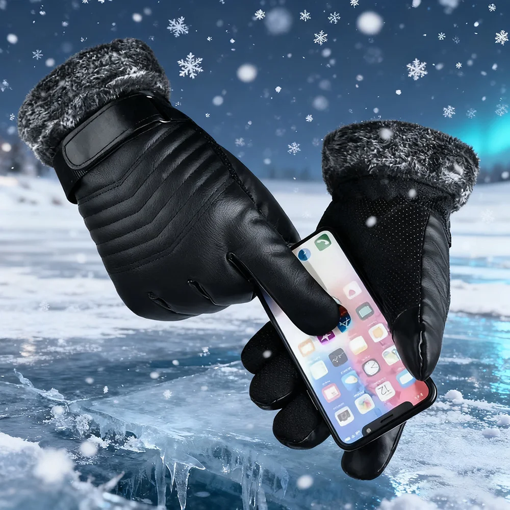 الشتاء الدافئ قفازات جلدية الرجال النساء الفراء الفم أفخم قفازات العزل في الهواء الطلق لمس قفاز لقيادة الدراجات الرسائل النصية #1
