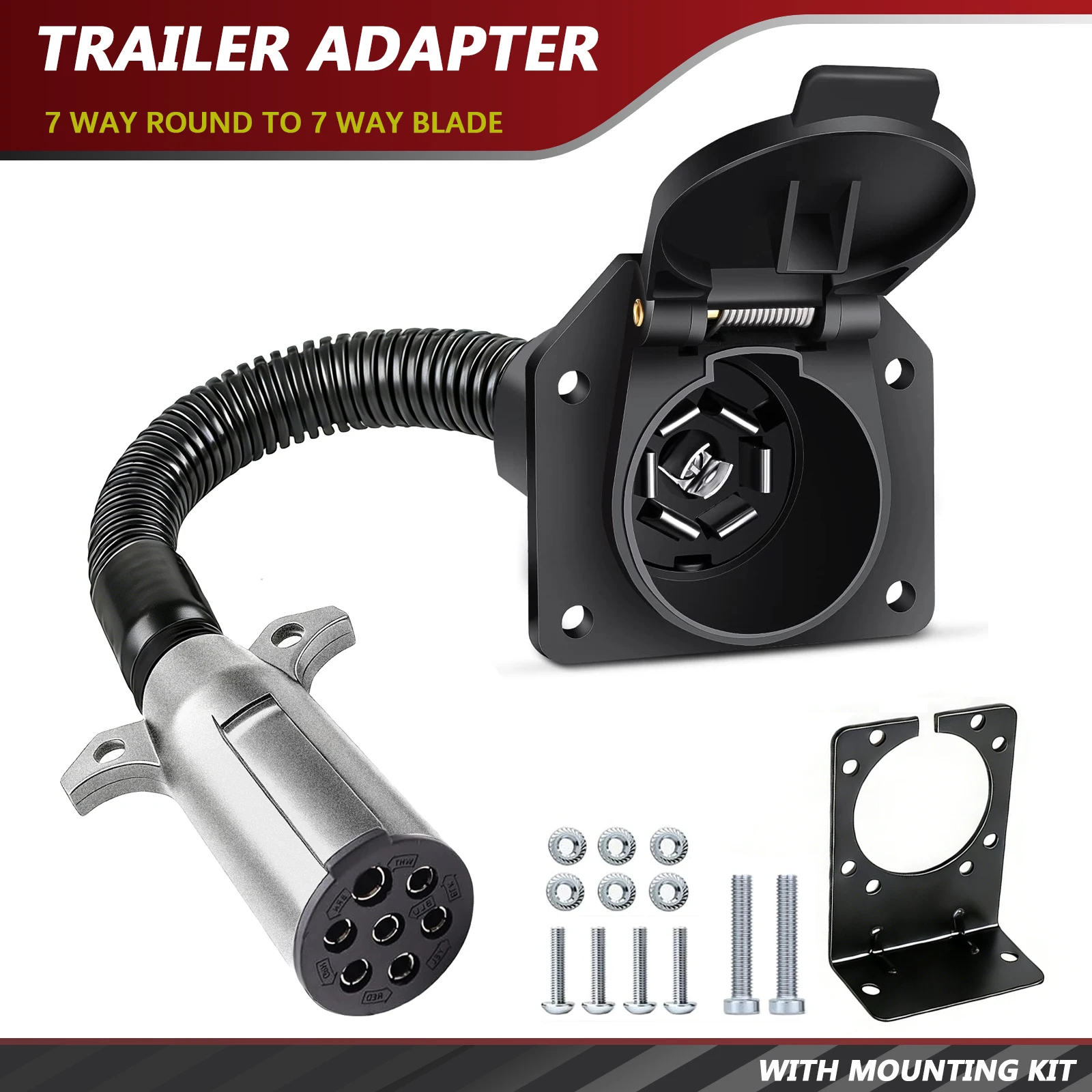 7 Way Round 7 Pin Truck to 7 Way Blade Car RV Trailer Adapter Wiring Light Plug Converter Heavy Duty Trailer Tractor Connector