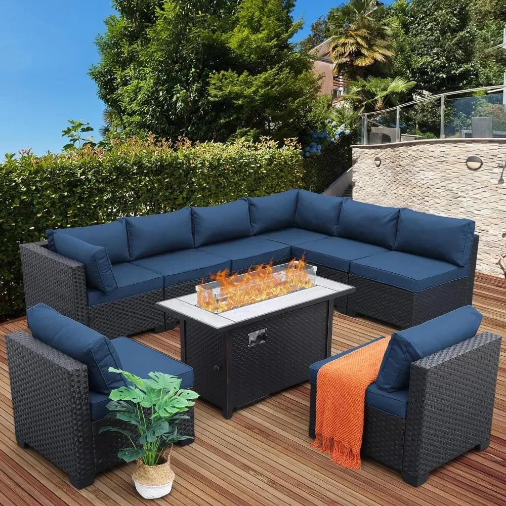 Juego de muebles de exterior con mesa de fogatas de propano 60000 BTU, sofá seccional para terraza, 45 pulgadas, 9 piezas