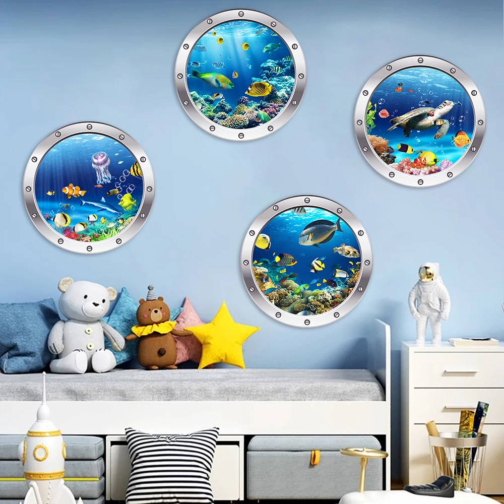 4pc/set Submarine Window Underwater World Fish Wall Sticker For Kids Baby Rooms Home Decor Peel & Stick Waterproof Wallpaper