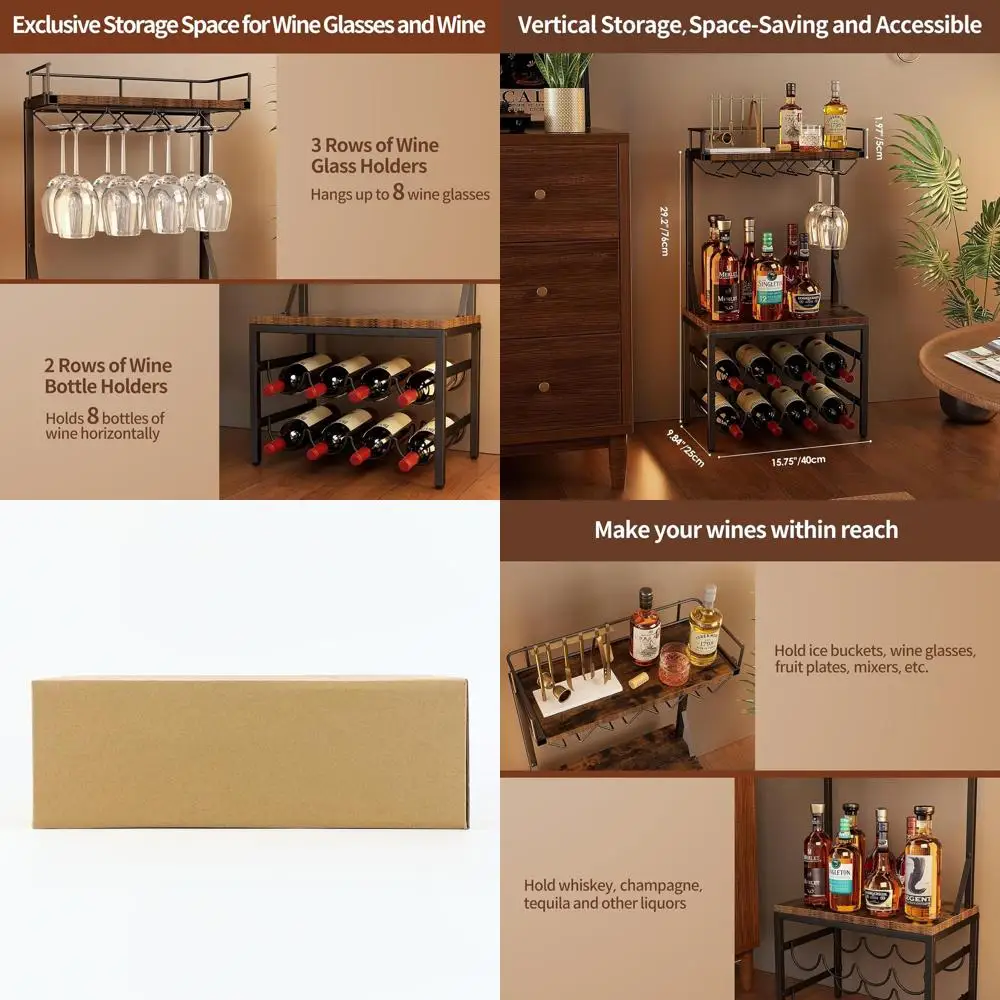 

3-Shelf Liquor Cabinet with Wine Rack, 8-Bottle Freestanding Mini Bar Stand, Multi-Purpose Floor Wine Rack with Table and 8 Glas