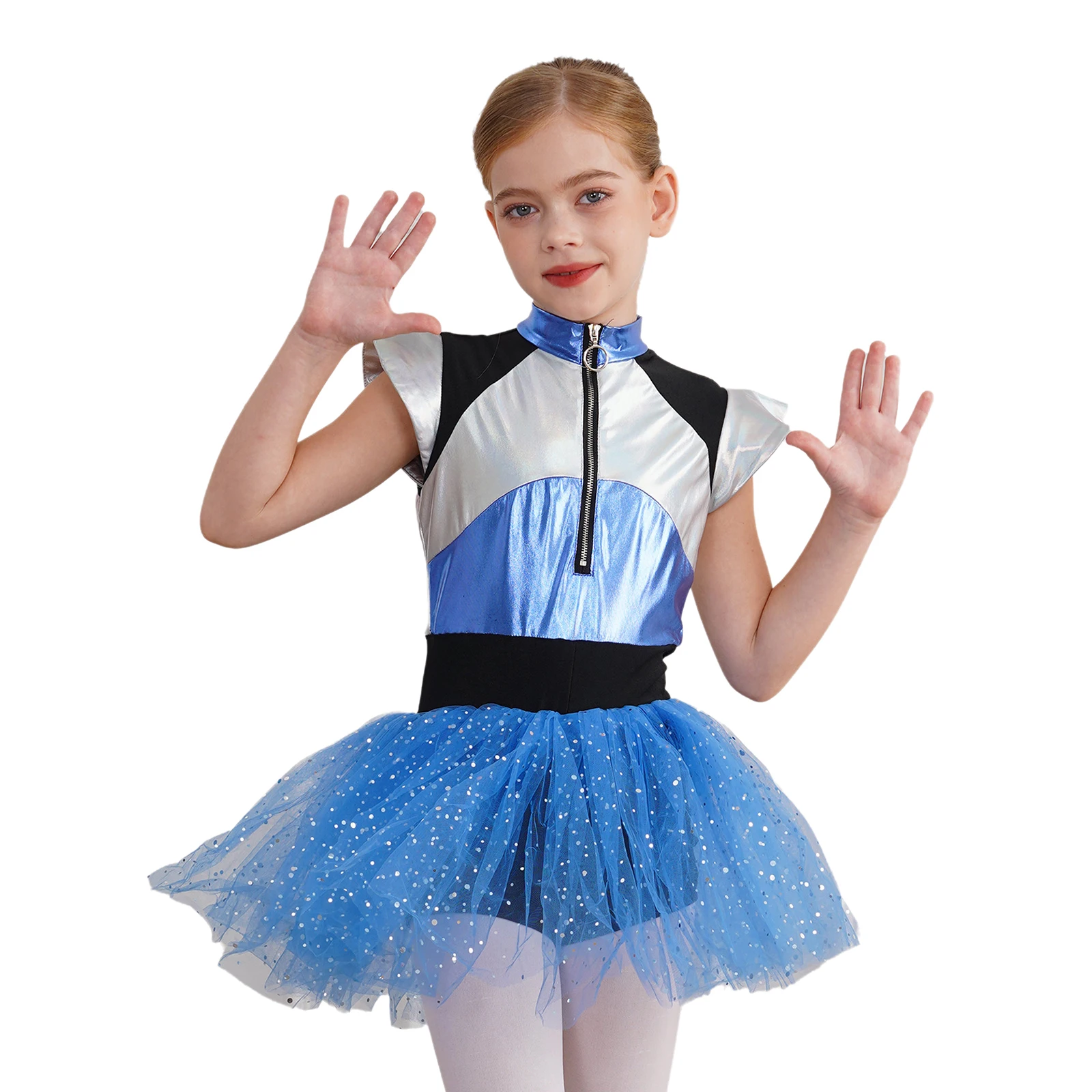 Kids Girl Alien Costume Cheerleading Uniform School Dress Short Sleeve Tutu Dress Bodysuit Cosplay Performance Costume Dancewear