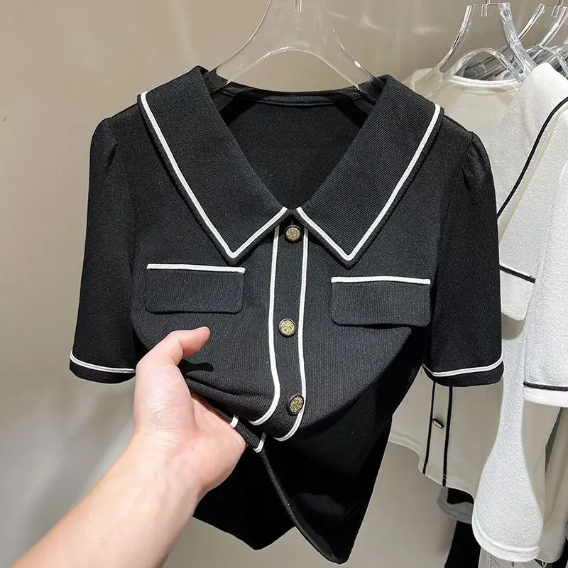 Contrast Color Lapel T-shirt for Women's Summer New Korean Tops Small Fragrance Style POLO Neck Short-sleeved ShirtYY120