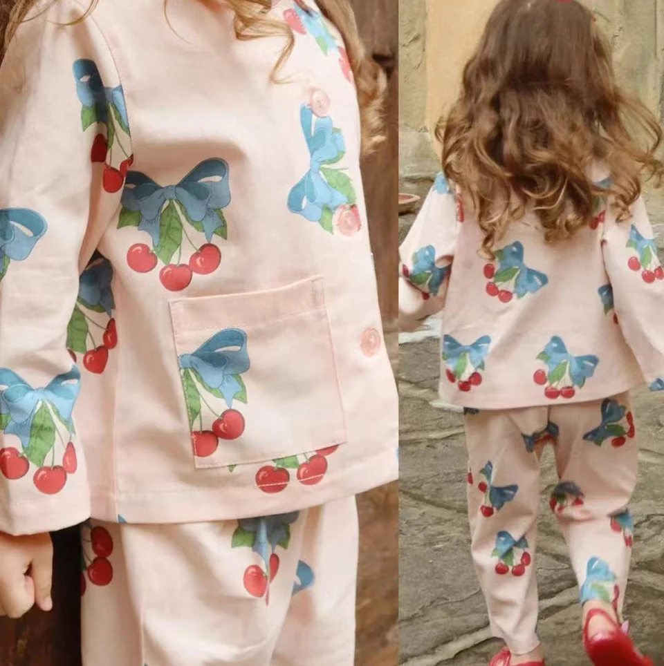 2026 KS Summer Children Clothes Toddler Girls Heart Print Overalls Dress Cherry Pants Outwear Lace Shirt For Kids Trousers Set