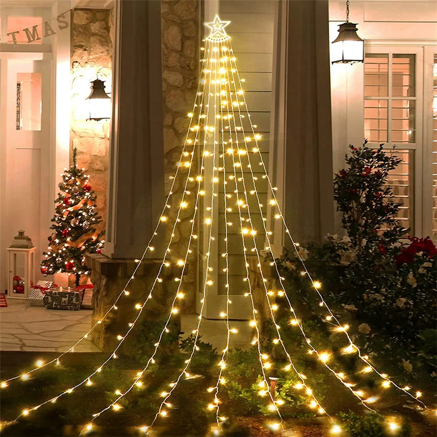 Hanging LED Christmas Icicle Fairy String Light Outdoor 8 Modes Star Waterfall Garden Light for Party Wedding Garland Yard Decor