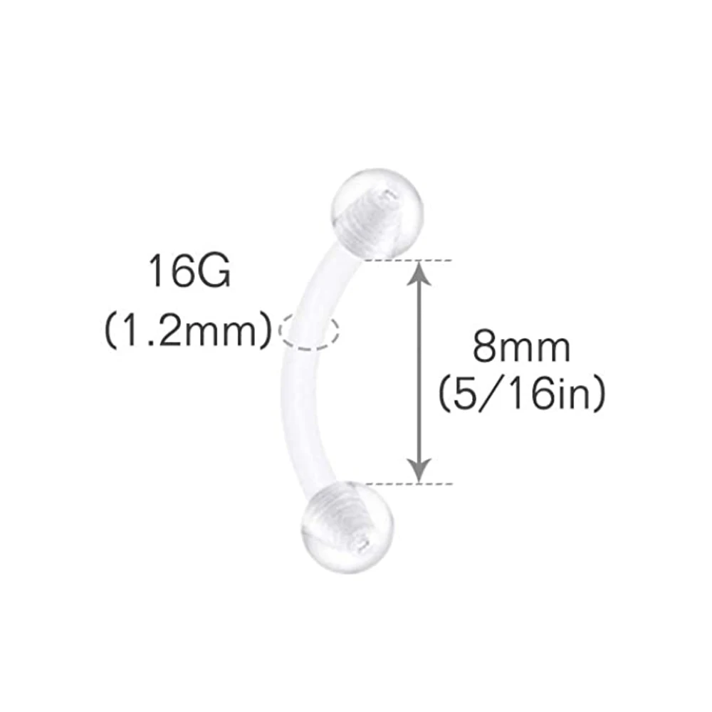 16 Gauge Clear Acrylic Bioflex Curved Barbell Eyebrow Belly Lip Tragus Ring Conch Piercing Jewelry Retainers