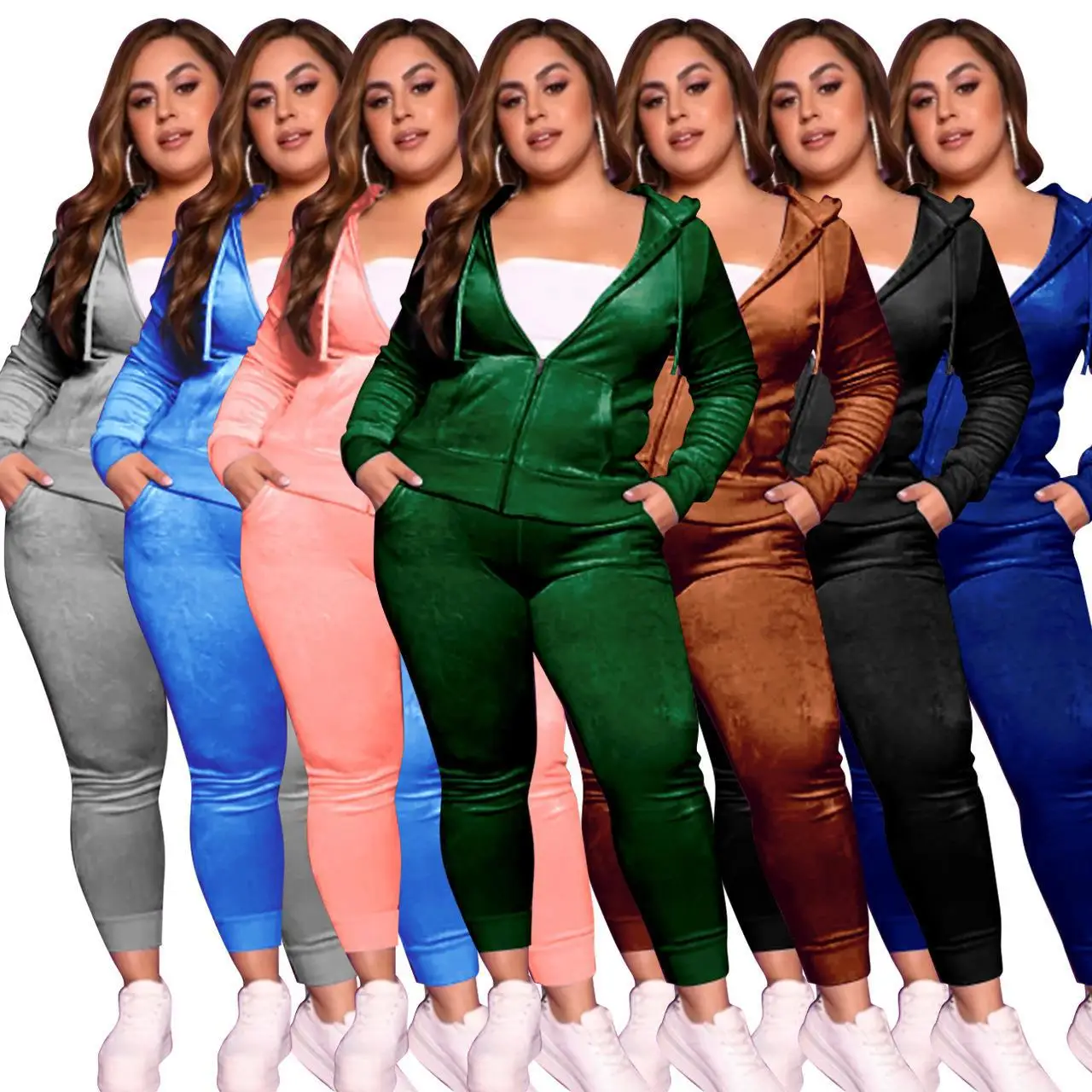 Plus Size Casual Velvet Two Pieces Set Autumn Long Sleeve Hooed Zipper Top Pencil Pants Women Tracksuit Streetwear Outfits 2023