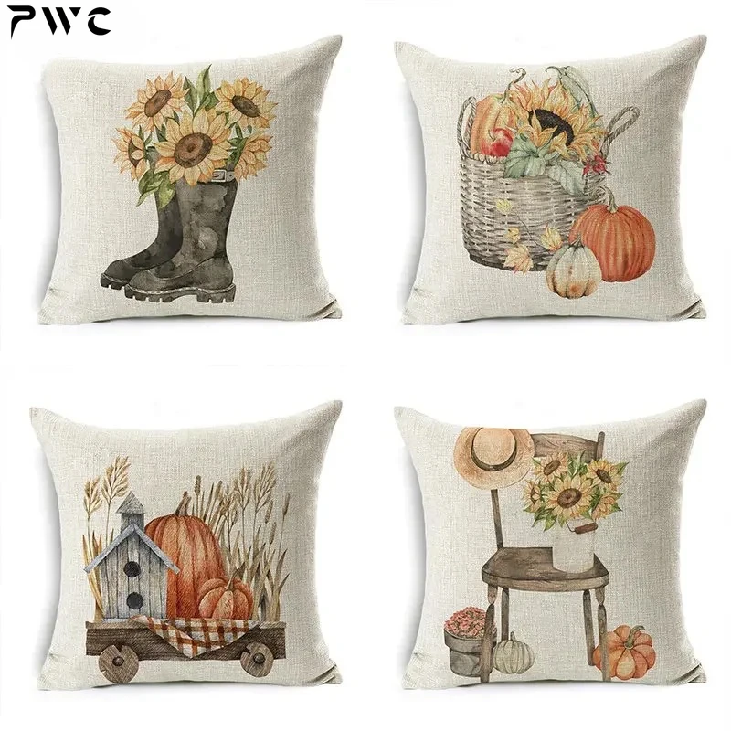 

Pumpkin Car Sunflower pillows Thanksgiving Day Pillowcase Happy Autumn Cushion Cover Cotton Linen Sofa home decorations pillows