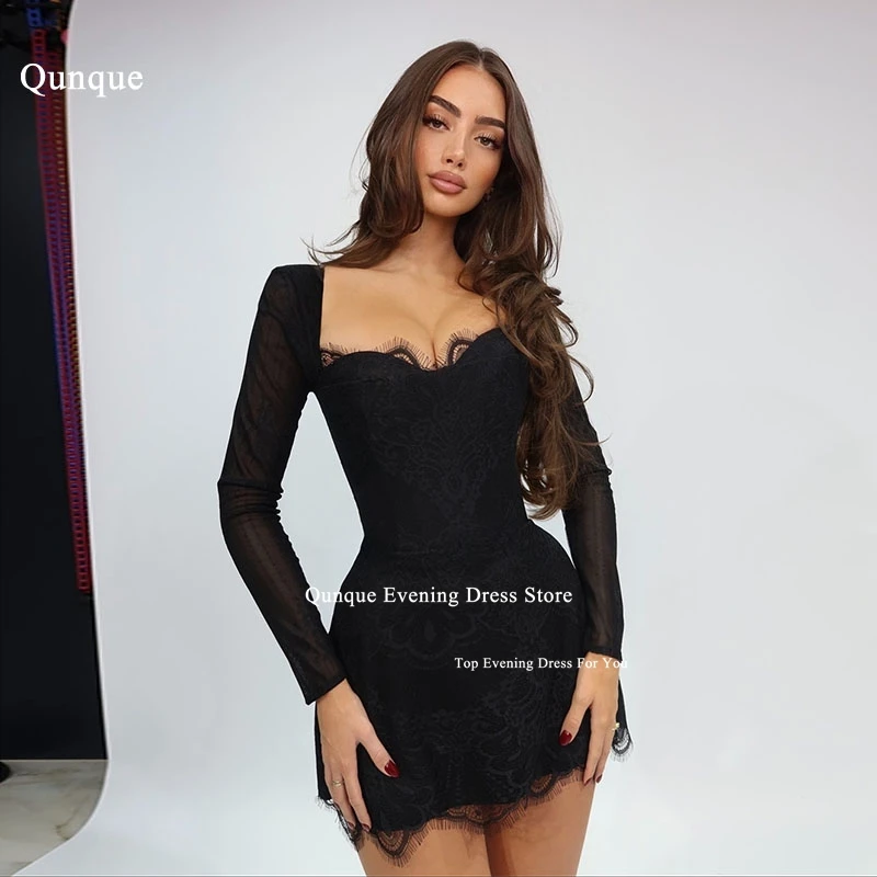 

Qunque Short Black Evening Dresses Vestidos De Festa Cap Sleeves Lace A-Line Mini Formal Prom Dresses Celebrity Gowns Customizd