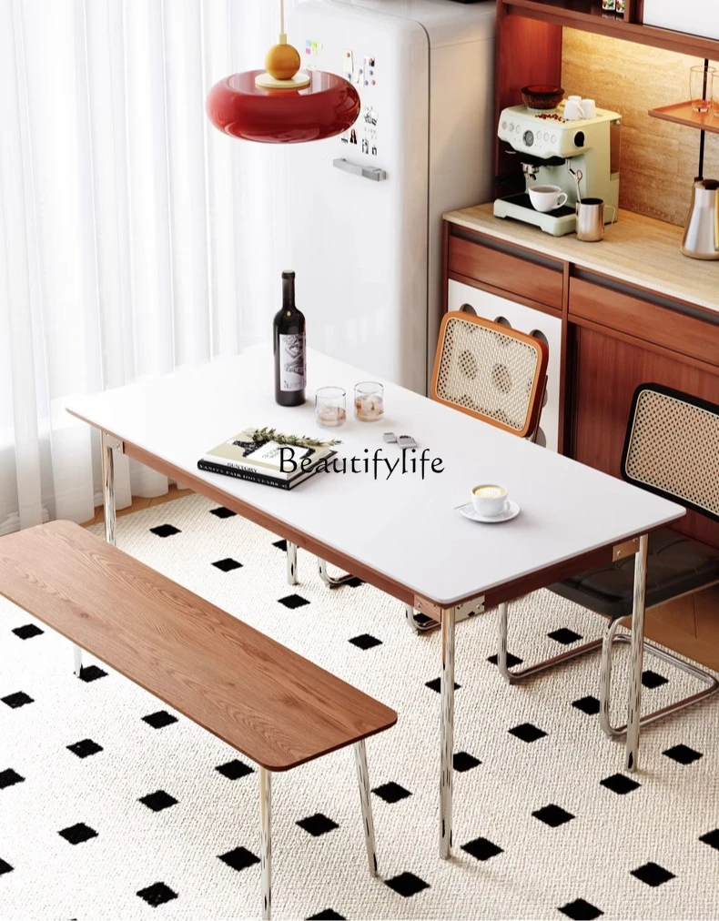 

Medieval rectangular, dining table cream style household solid wood rock slab island small apartment