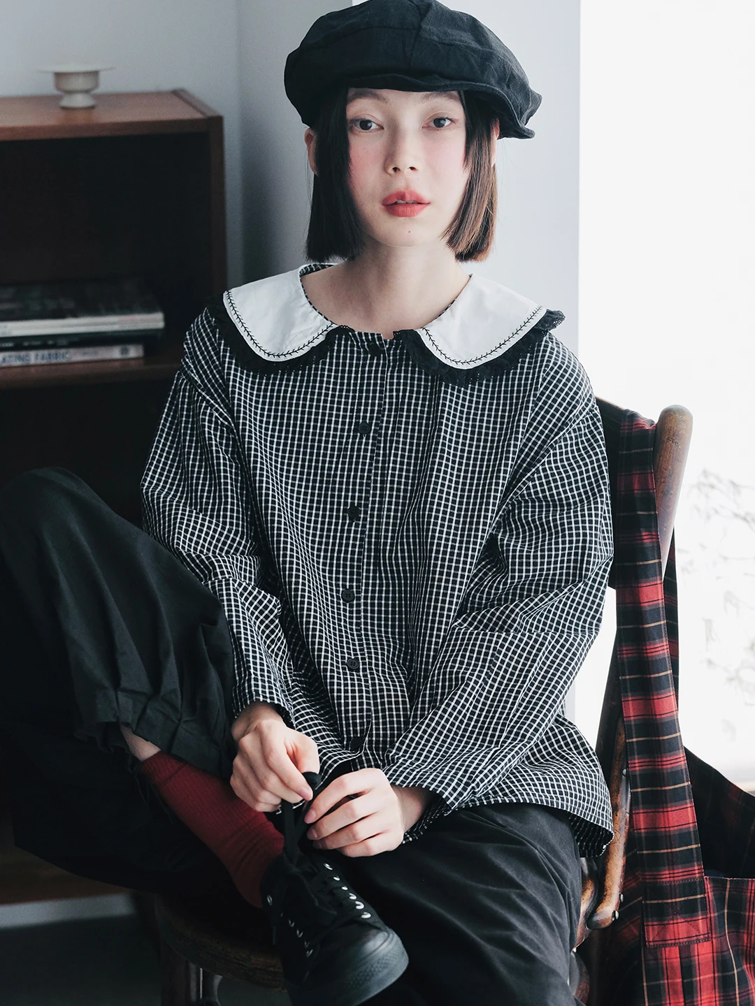 Japanese black and white checkered shirt imakokoni 2024 autumn new fashion contrasting navy collar shirt 244820