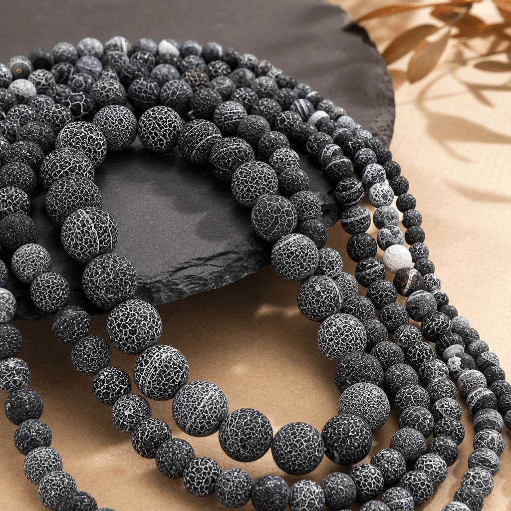 Natural Black Agate Matte Crack-Texture Round Beads for Bracelet and Necklace Making, DIY Jewelry Spacer Beads