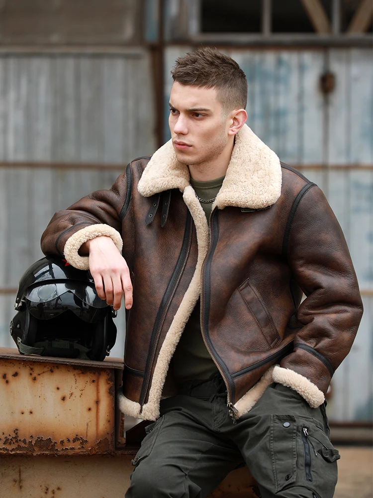 

Man Winter Coat Genuine Leather Natural Sheepskin Shearling Jacket for Male Motorcyclist Pilot Biker Brown Big Size 5XL 6XL 7XL