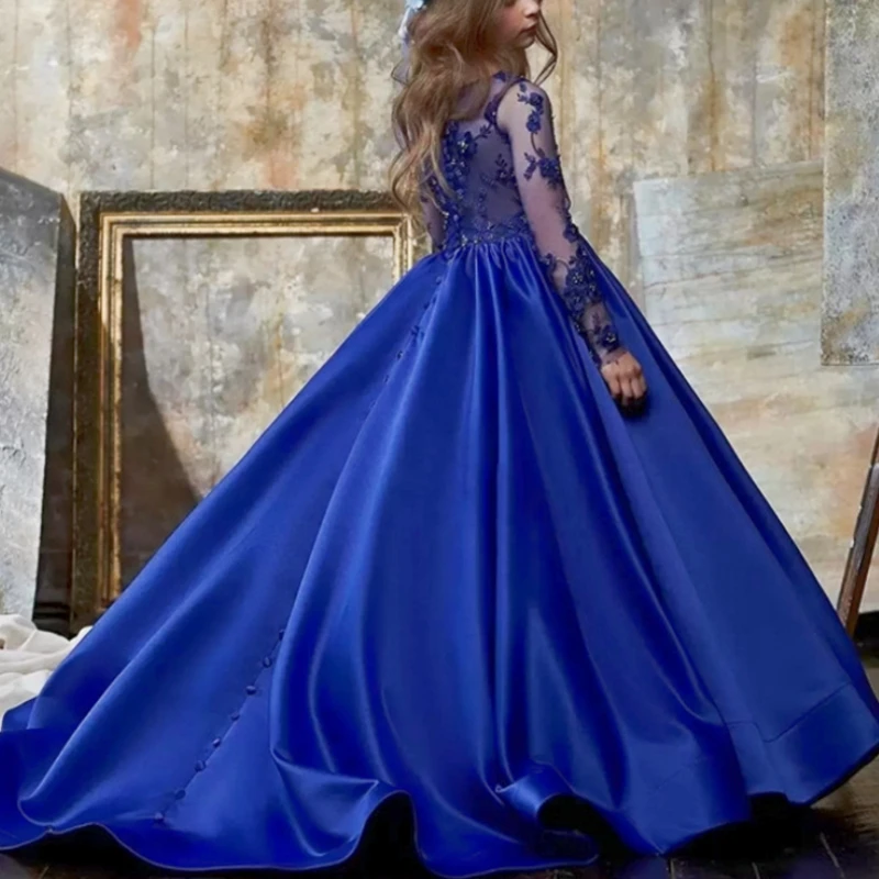 Robe de demoiselle d'honneur bleu royal, transparente, à manches longues, pour fête de mariage, en tulle doux, avec nœud en V, dos nickel é