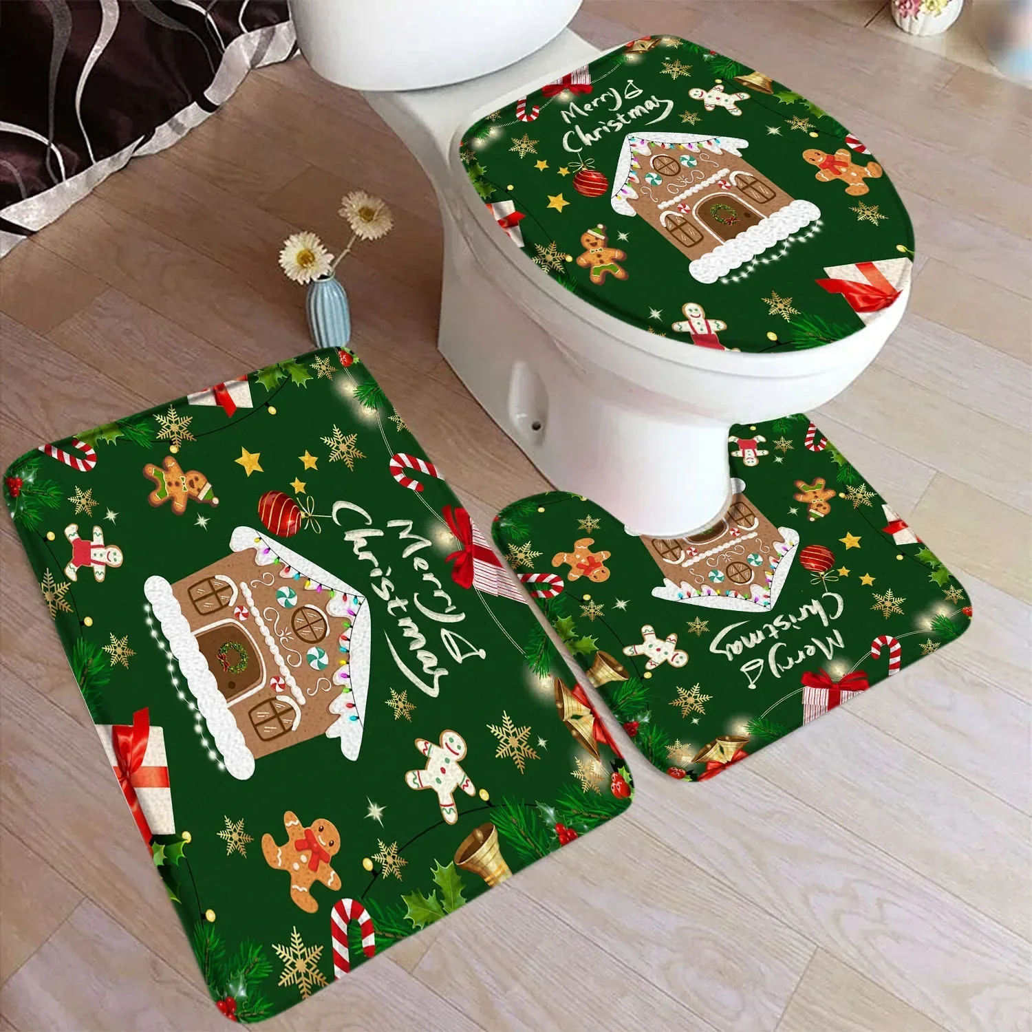 Funny Cartoon Santa Claus Bath Mat Set Winter Forest Elk Pine Trees Christmas Carpet Home Bathroom Decor Floor Rugs Toilet Cover