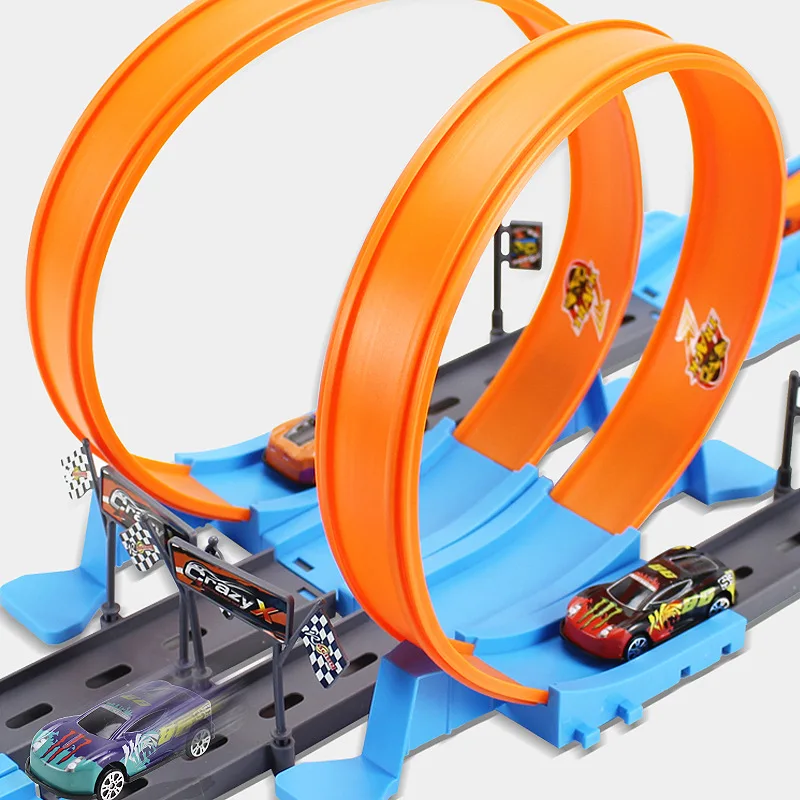 Kinder Doppel Auto Räder Modell Racing Track Spielzeug DIY Zusammengebaute Schiene Kits Katapult Schiene Auto Racing Junge Spielzeug Für Jungen Mädchen Geschenke