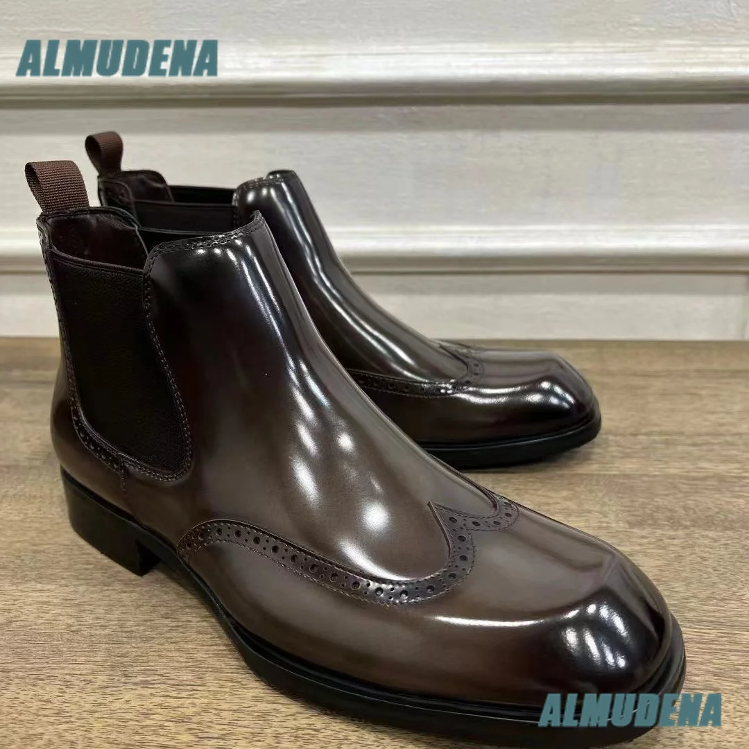 Men Brown Glossy Brogue Chelsea Boots Elastic Band Slip On Square Toe Carved Leather Formal Dress Boots Autumn Men's Boots